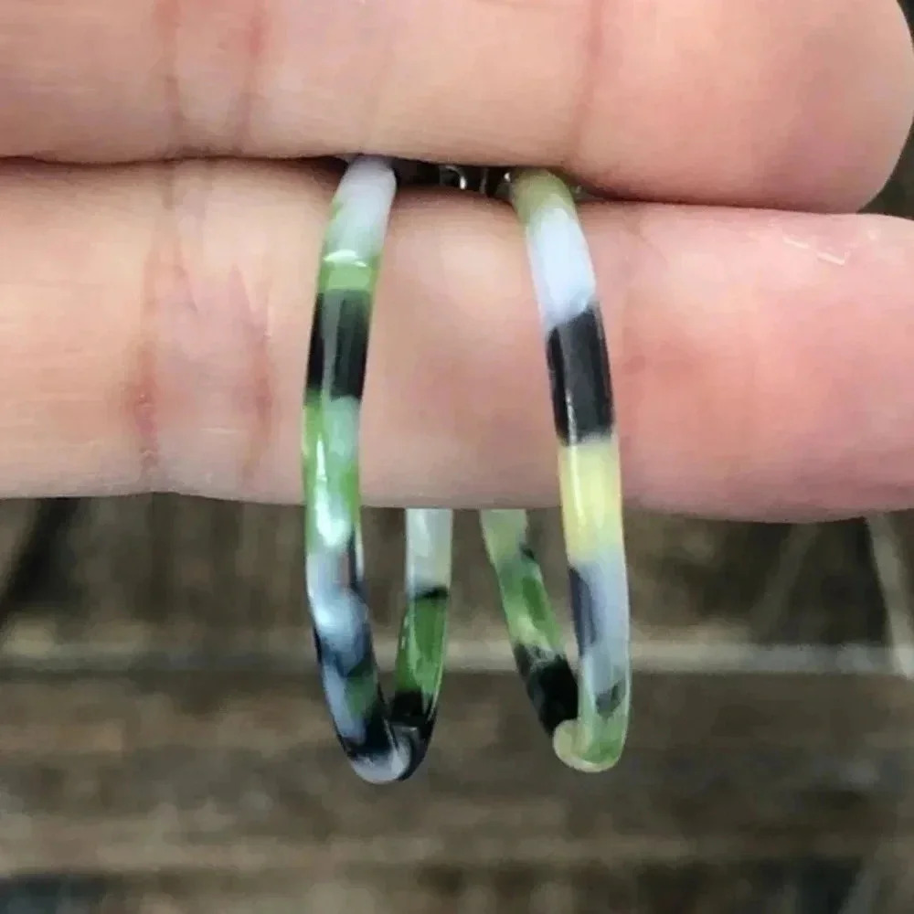 Olive Green Black Swirl Tortie Circle Hoop Acrylic Resin Earrings NWT
